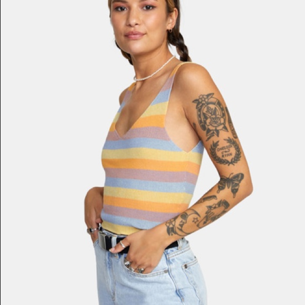 RVCA Rainshadow Sweater Tank Retro 70s Stripped Small